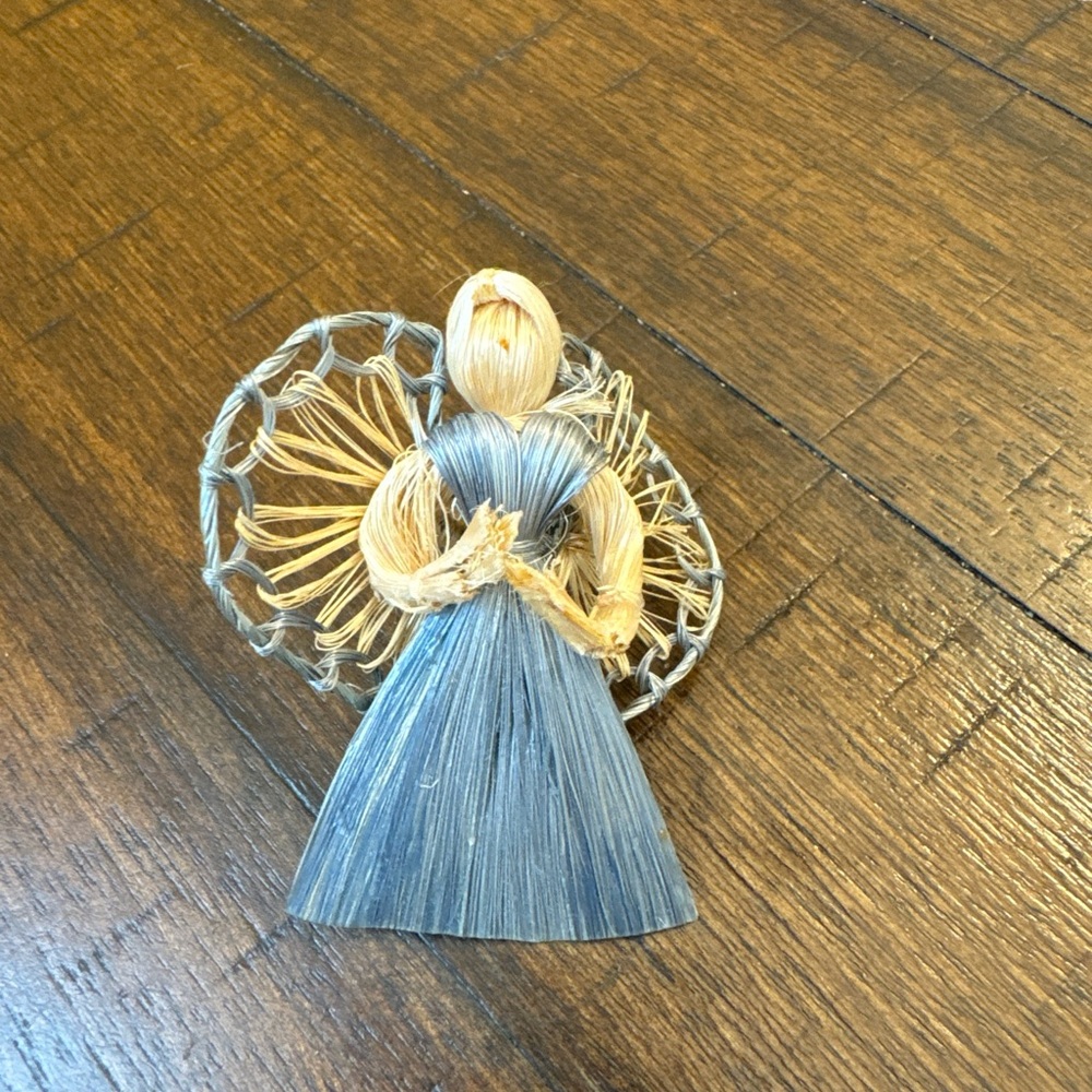 Pin Blue & Gold Tone Cornhusk Angel Brooch Handmade Vintage